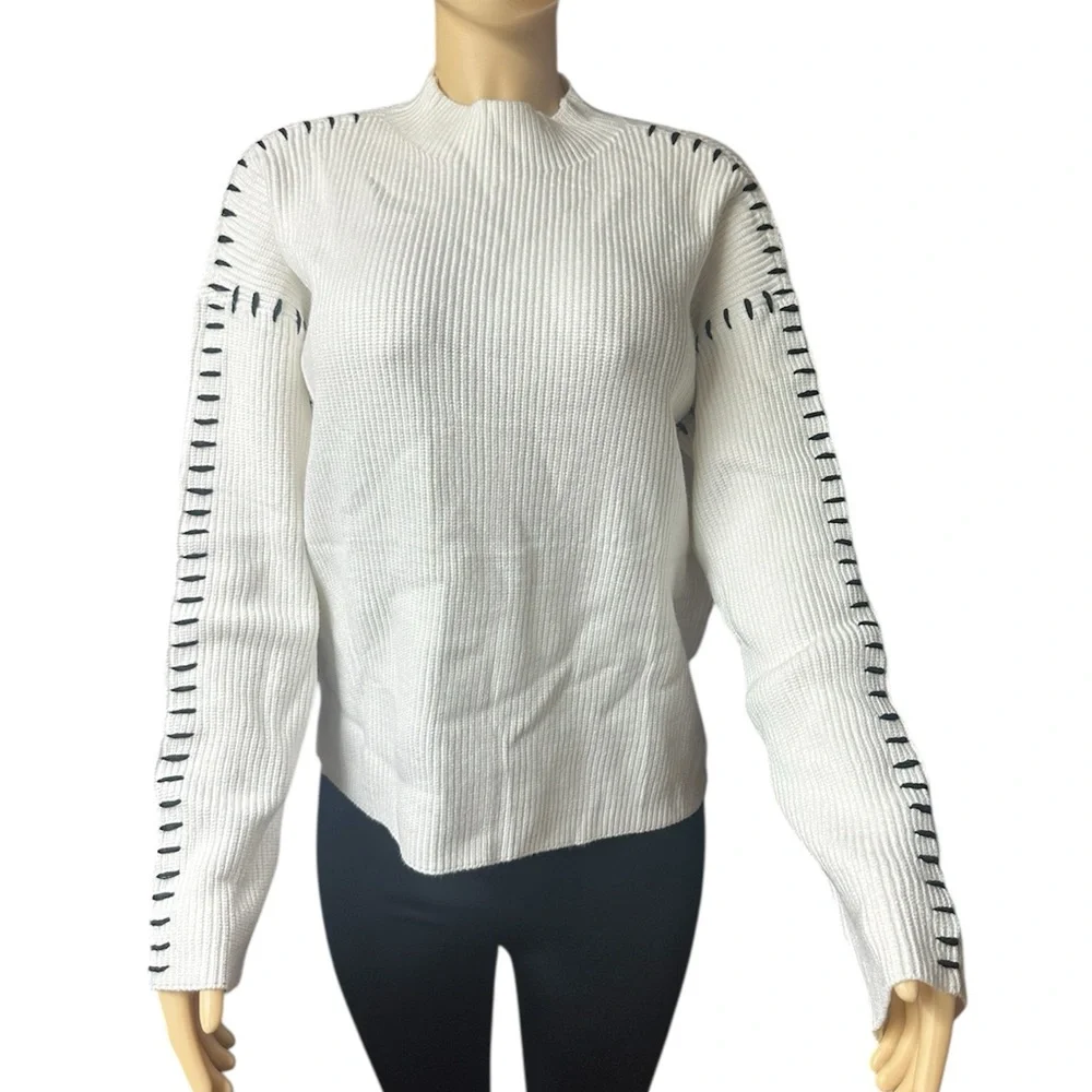 NWT Women’s Mock Neck White Sweater with Black Stitch Accents